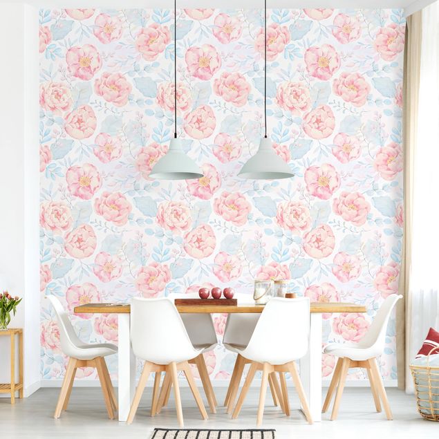 Wallpapers modern Pink Flowers With Light Blue Leaves