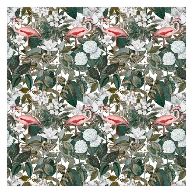 Retro wallpaper Pink Flamingos With Leaves And White Flowers