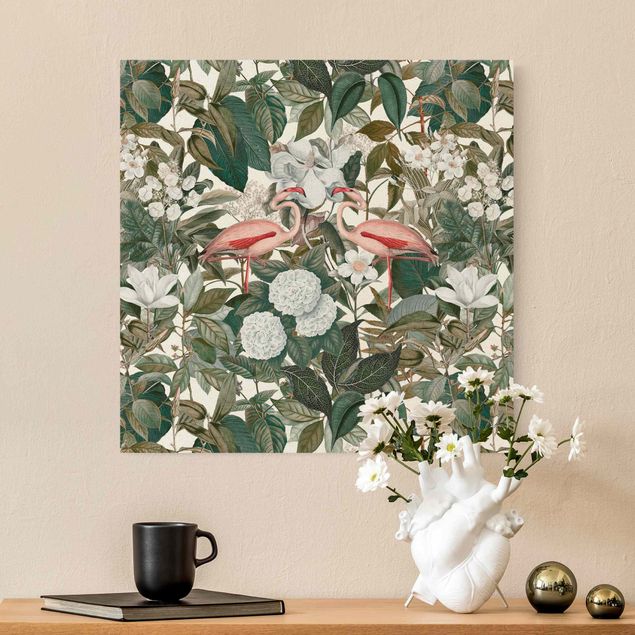 Canvas art Pink Flamingos With Leaves And White Flowers
