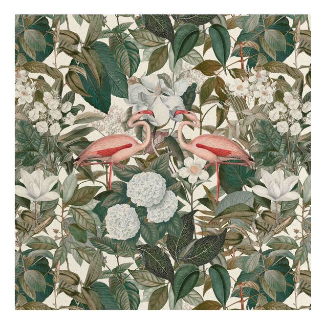 Green canvas wall art Pink Flamingos With Leaves And White Flowers