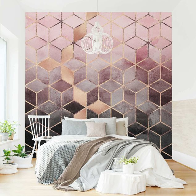 Geometric pattern wallpaper Pink Grey Golden Geometry
