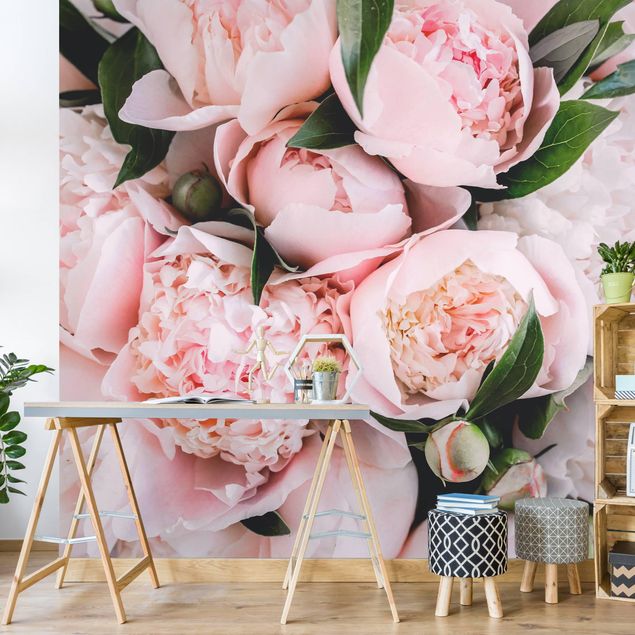 Contemporary wallpaper Pink Peonies With Leaves