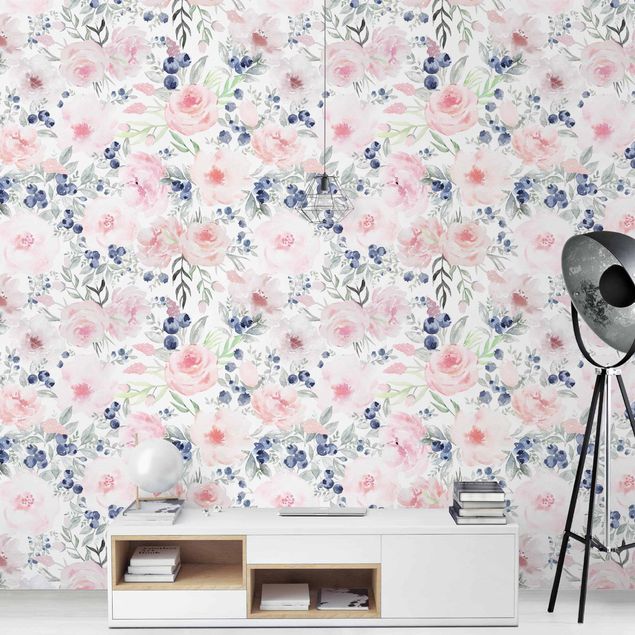 Modern wallpaper designs Pink Roses With Blueberries In Front Of White