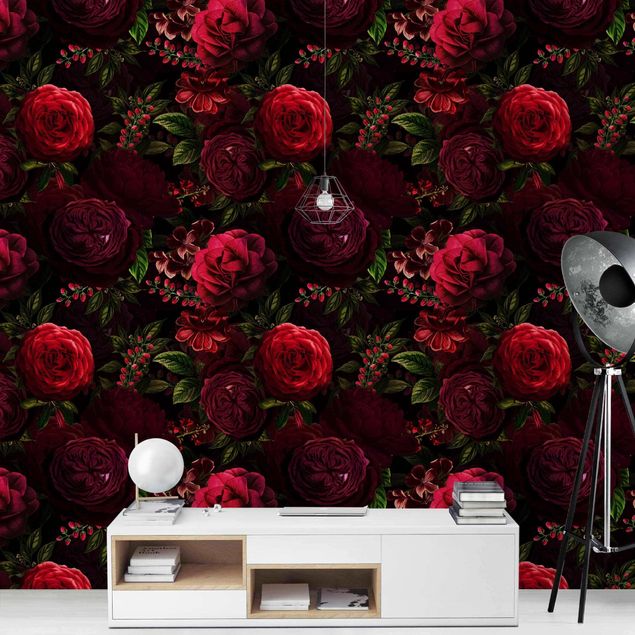 Retro wallpaper Red Roses In Front of Black