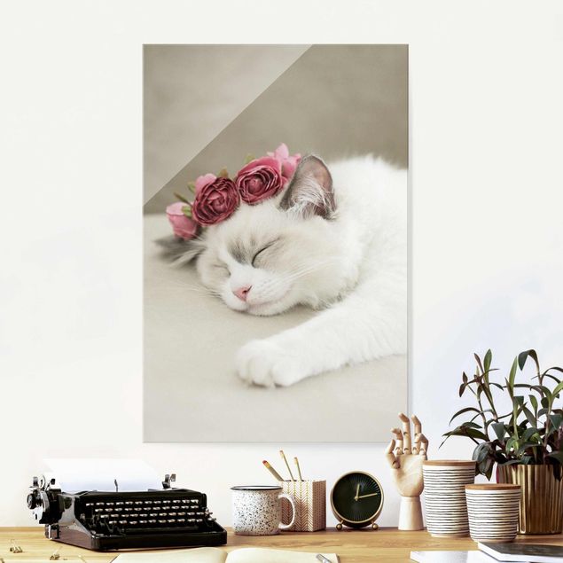 Glass prints rose Sleeping Cat with Roses
