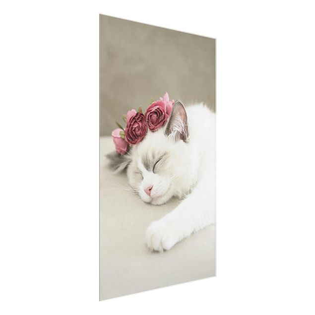 Glass prints flower Sleeping Cat with Roses