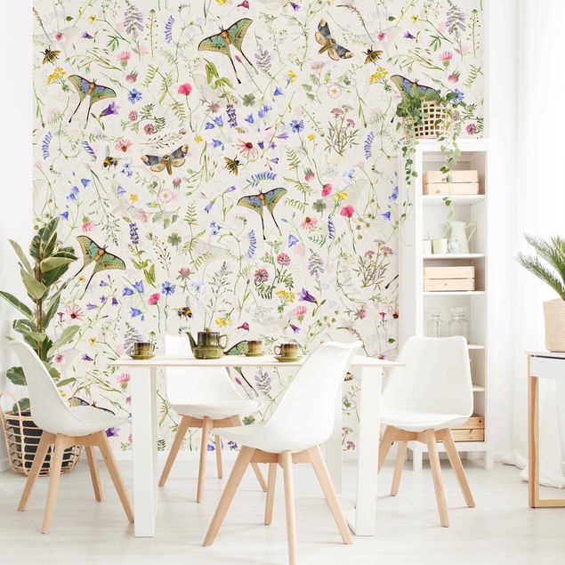 Floral wallpaper Butterflies With Flowers On Cream Colour