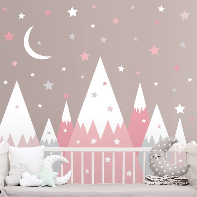 Kids room decor Snow-capped mountains star and moon pink
