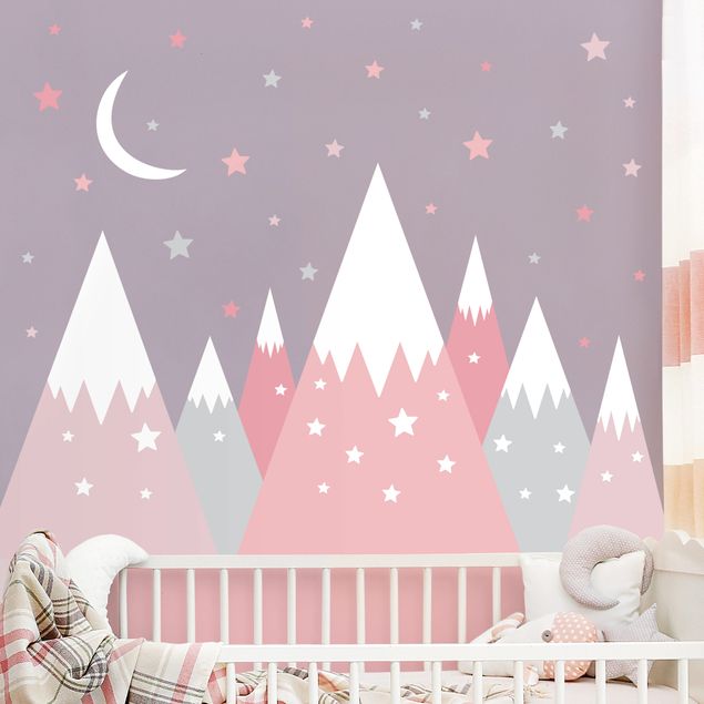 Wall stickers universe Snow-capped mountains star and moon pink