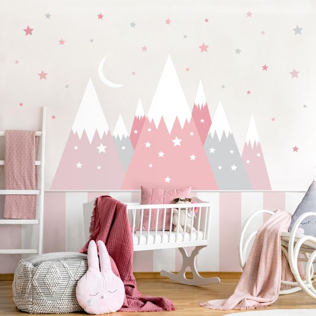 Moon and stars wall stickers Snow-capped mountains star and moon pink