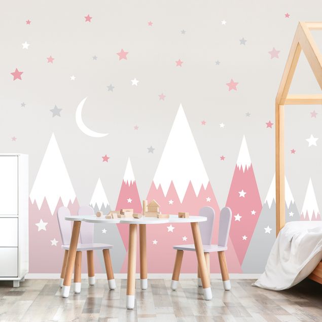 Wall art stickers Snow-capped mountains star and moon pink