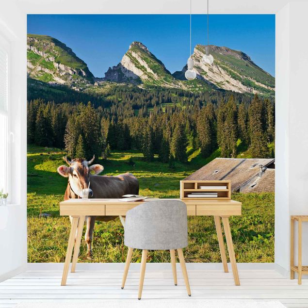 Modern wallpaper designs Swiss Alpine Meadow With Cow