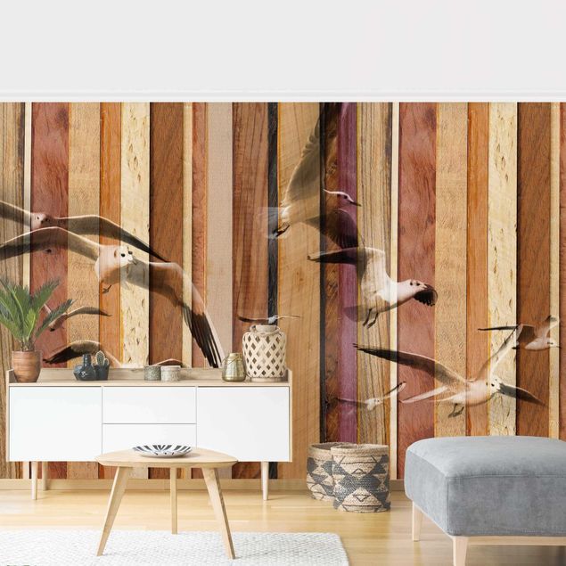 Wood panel wallpaper Seagulls
