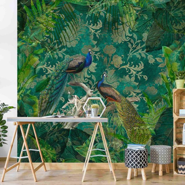 Wallpapers birds Shabby Chic Collage - Noble Peacock II