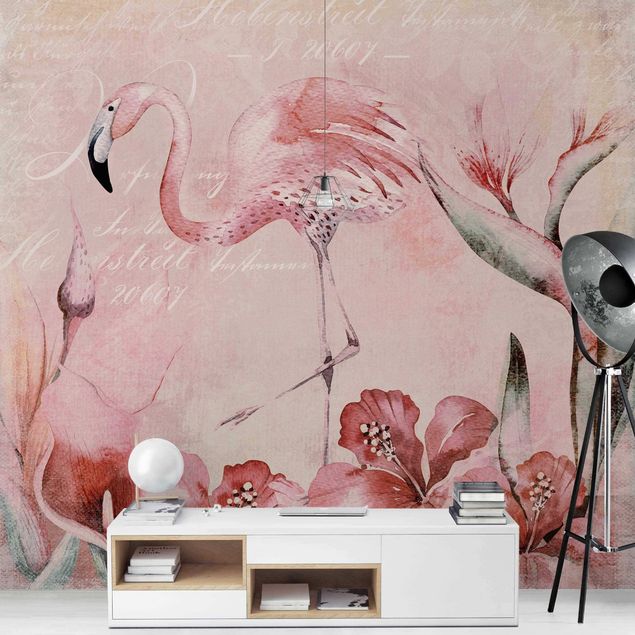 Wallpapers birds Shabby Chic Collage - Flamingo