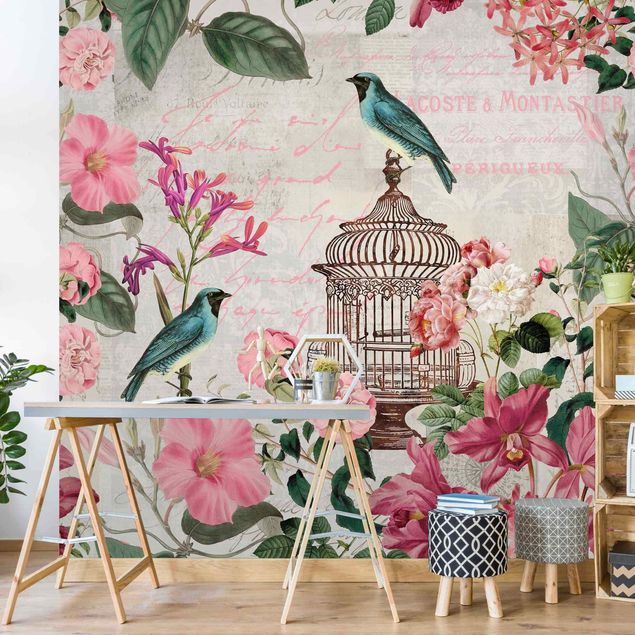 Wallpapers birds Shabby Chic Collage - Pink Flowers And Blue Birds