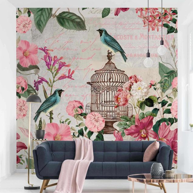 Wallpapers flower Shabby Chic Collage - Pink Flowers And Blue Birds