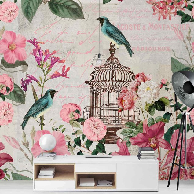 Wallpapers animals Shabby Chic Collage - Pink Flowers And Blue Birds