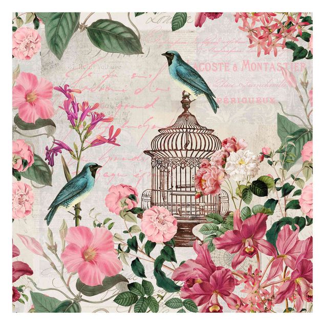 Wallpapers pink Shabby Chic Collage - Pink Flowers And Blue Birds