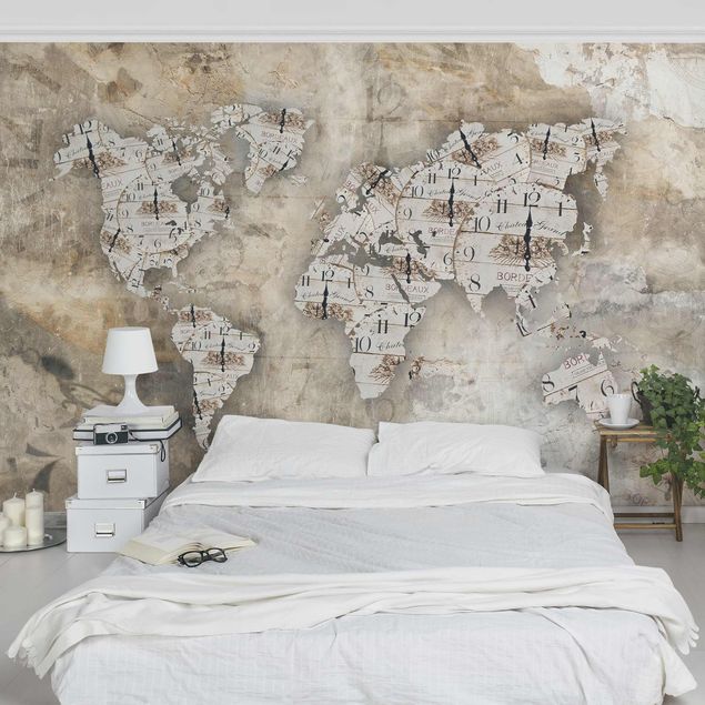 Vintage aesthetic wallpaper Shabby Clocks World Map