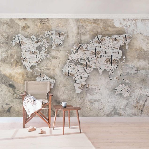 Contemporary wallpaper Shabby Clocks World Map