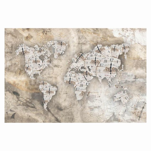 Peel and stick wallpaper Shabby Clocks World Map