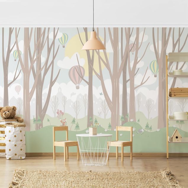 Contemporary wallpaper Sun With Trees And Hot Air Balloons