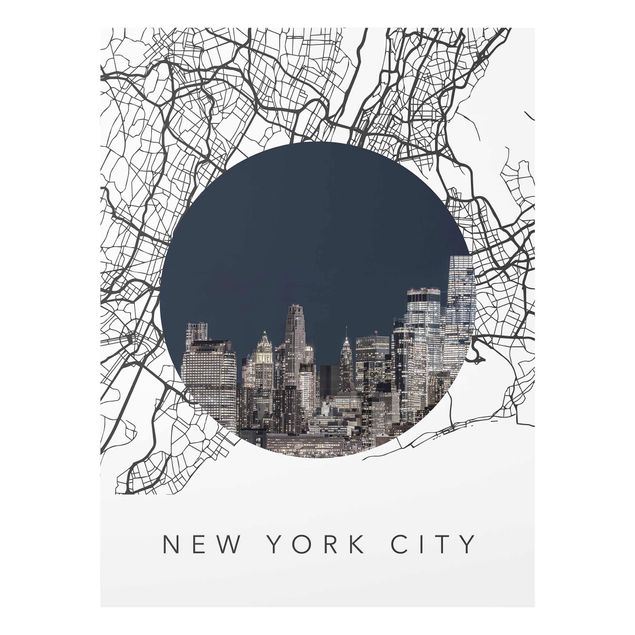 Glass prints black and white Map Collage New York City