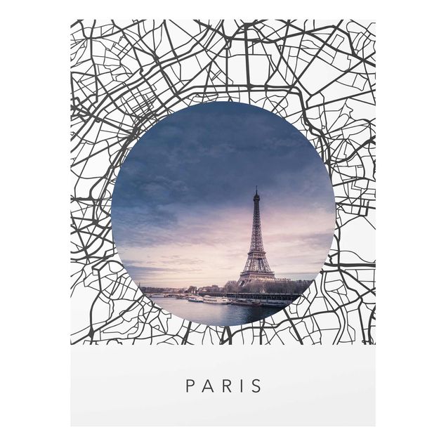 Glass prints black and white Map Collage Paris