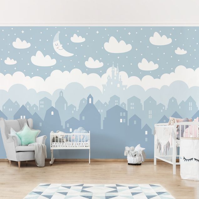 Nursery decoration Starry Sky With Houses And Moon In Blue