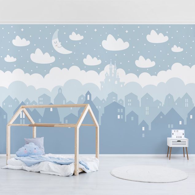 Modern wallpaper designs Starry Sky With Houses And Moon In Blue