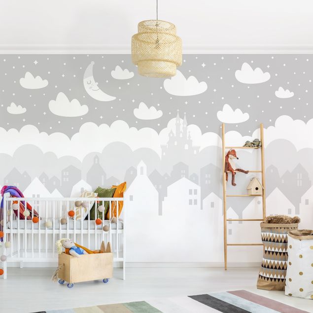 Kids room decor Starry Sky With Houses And Moon In Gray