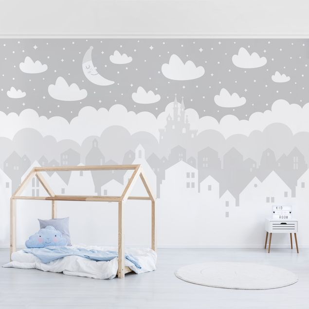 Contemporary wallpaper Starry Sky With Houses And Moon In Gray