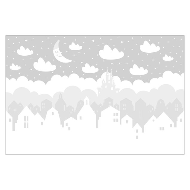 Wallpaper - Starry Sky With Houses And Moon In Gray