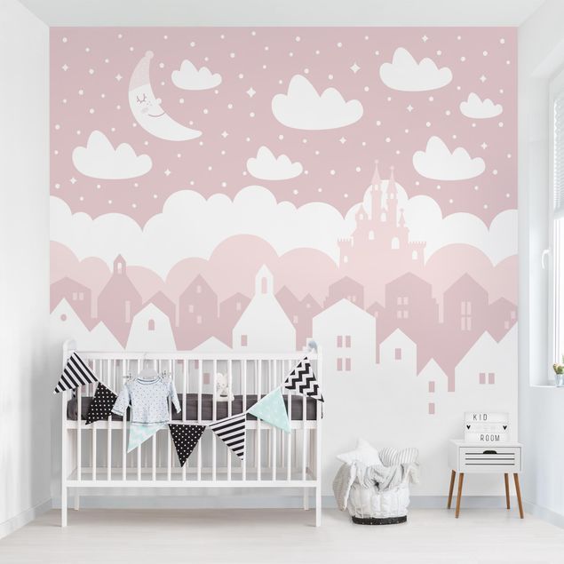 Nursery decoration Starry Sky With Houses And Moon In Light Pink