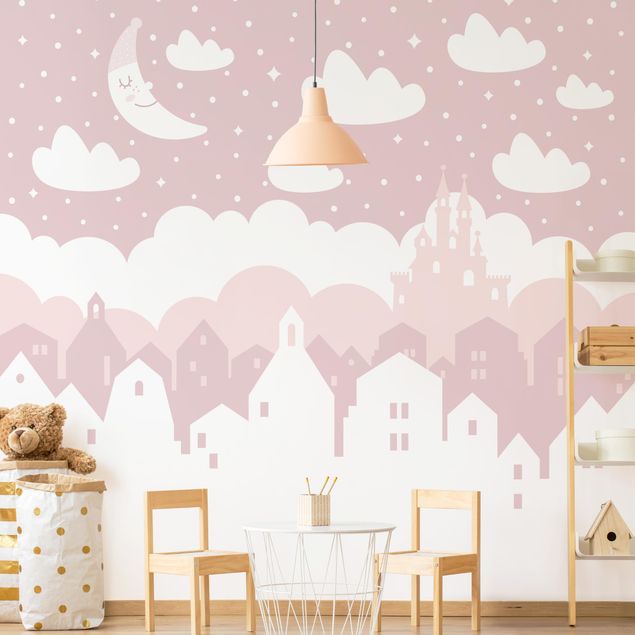Wallpapers pink Starry Sky With Houses And Moon In Light Pink