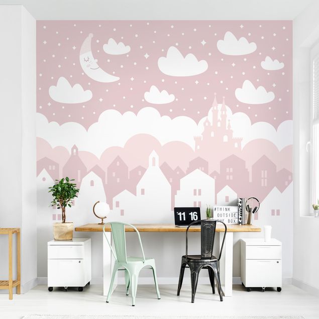 Self adhesive wallpapers Starry Sky With Houses And Moon In Light Pink