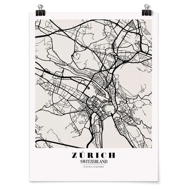 Prints black and white Zurich City Map - Classic
