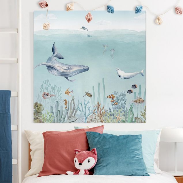 Canvas prints fishes Dancing whales on the coral reef