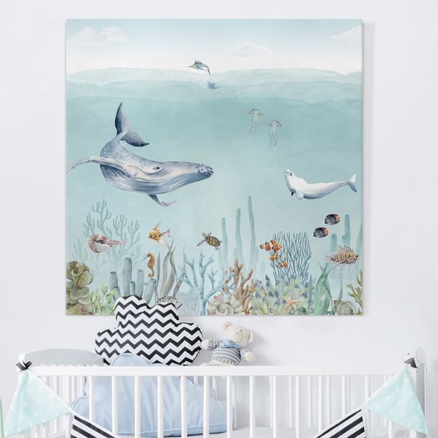 Nursery decoration Dancing whales on the coral reef