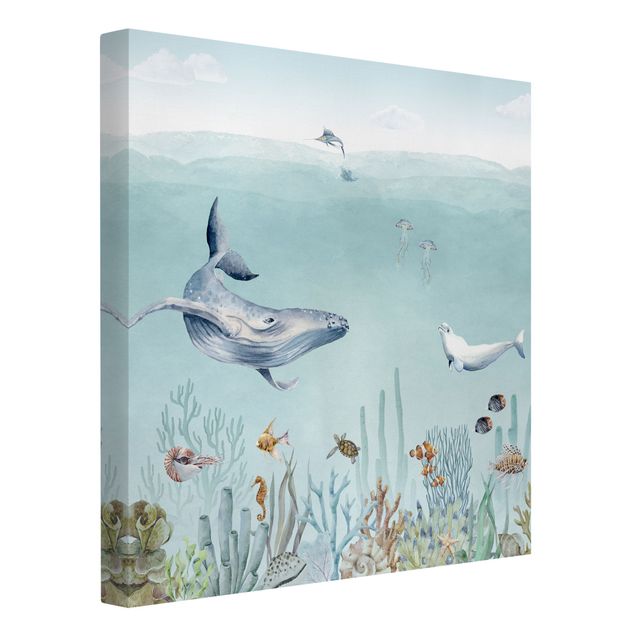 Landscape canvas prints Dancing whales on the coral reef