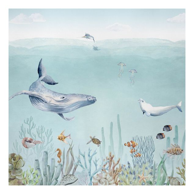 Beach canvas art Dancing whales on the coral reef