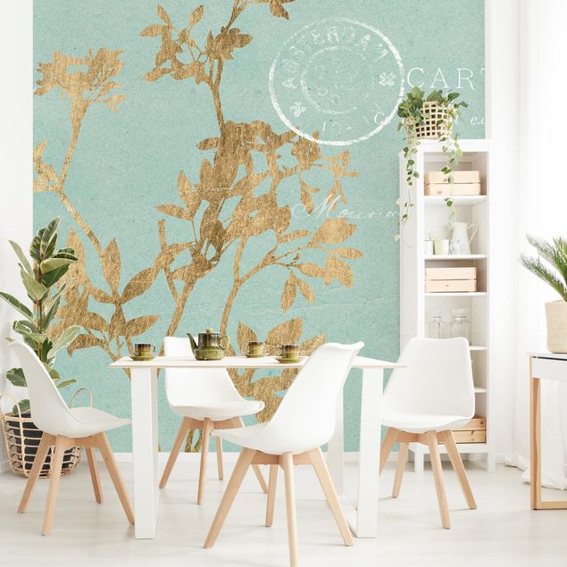 Wallpapers flower Golden Leaves On Turquoise I