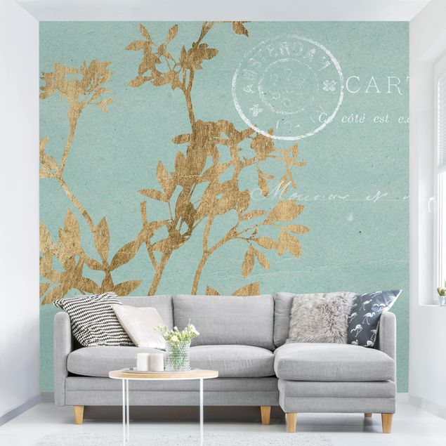 Modern wallpaper designs Golden Leaves On Turquoise I