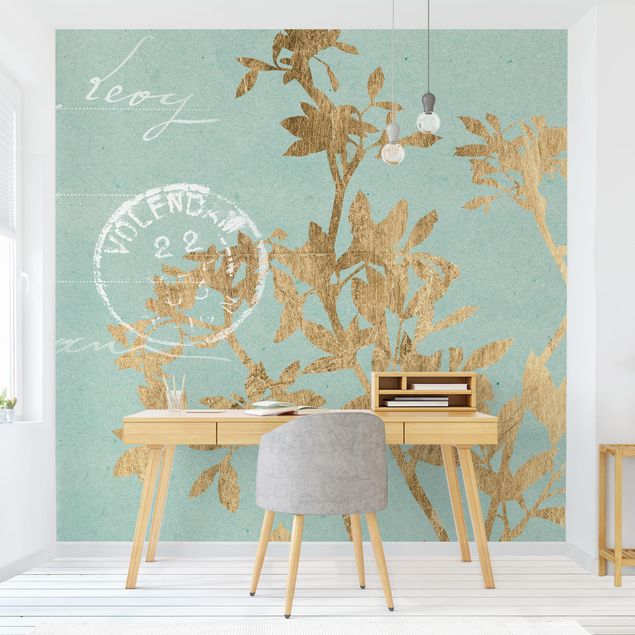Wallpapers modern Golden Leaves On Turquoise II