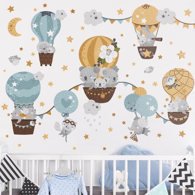 Kids room decor Animals in Balloons Clouds Star Set
