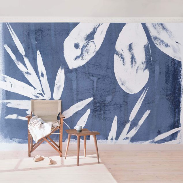 Blue wallpaper Tropical Leaves Indigo II