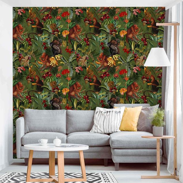 Contemporary wallpaper Tropical Flowers With Monkeys