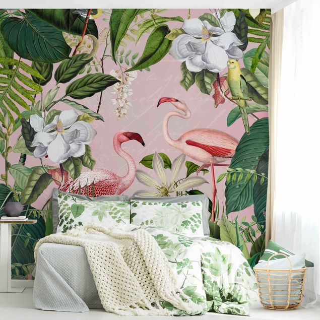 Pink flamingo wallpaper Tropical Flamingos With Plants In Pink