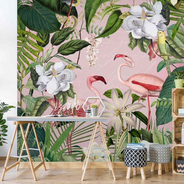 Wallpapers birds Tropical Flamingos With Plants In Pink